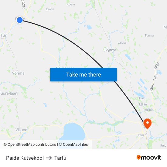 Paide Kutsekool to Tartu map
