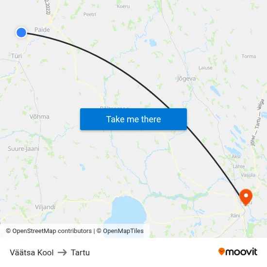Väätsa Kool to Tartu map