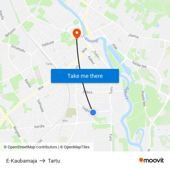 E-Kaubamaja to Tartu map
