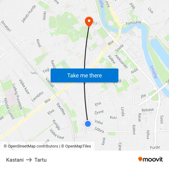 Kastani to Tartu map