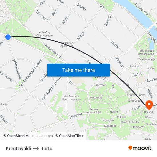 Kreutzwaldi to Tartu map