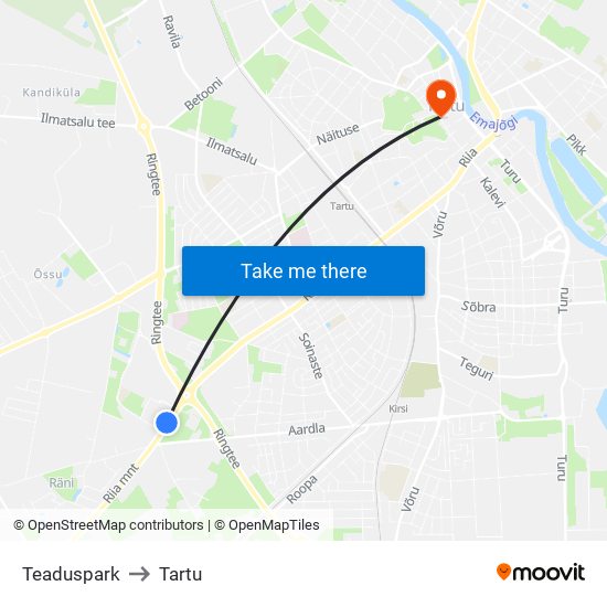 Teaduspark to Tartu map