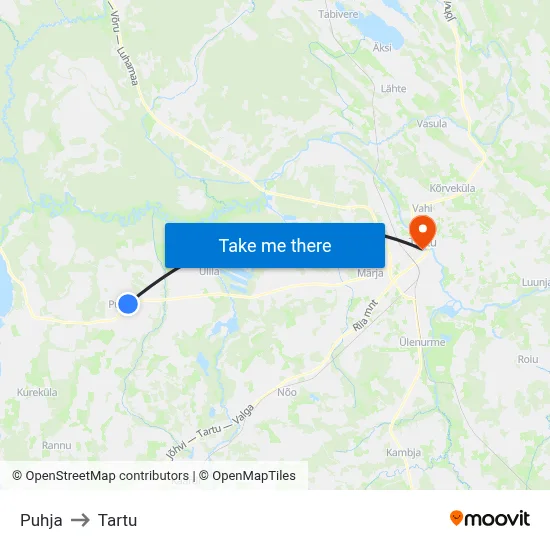 Puhja to Tartu map