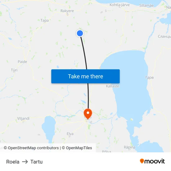 Roela to Tartu map