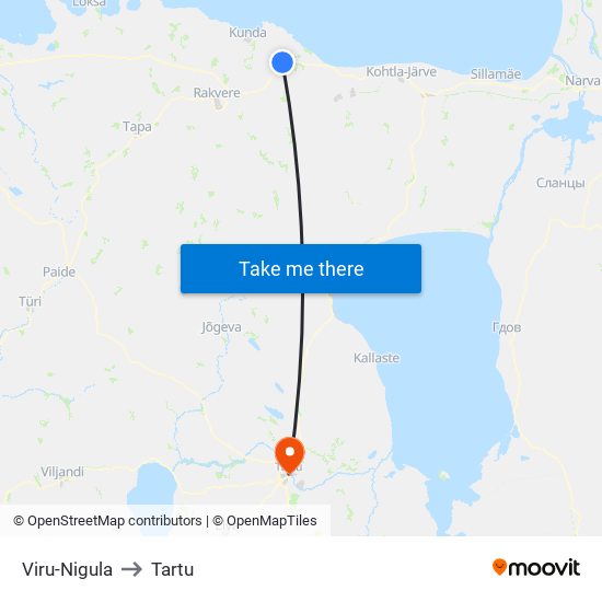 Viru-Nigula to Tartu map