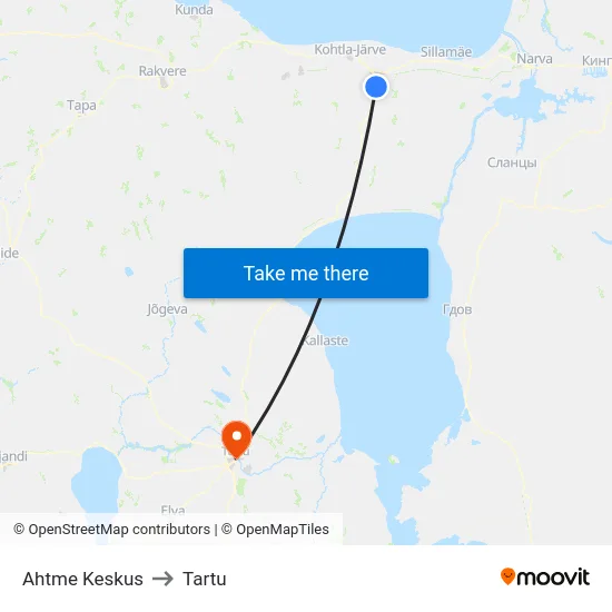 Ahtme Keskus to Tartu map