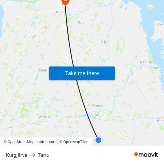 Kurgjärve to Tartu map