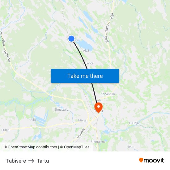 Tabivere to Tartu map