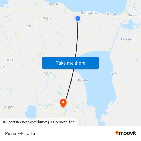 Püssi to Tartu map