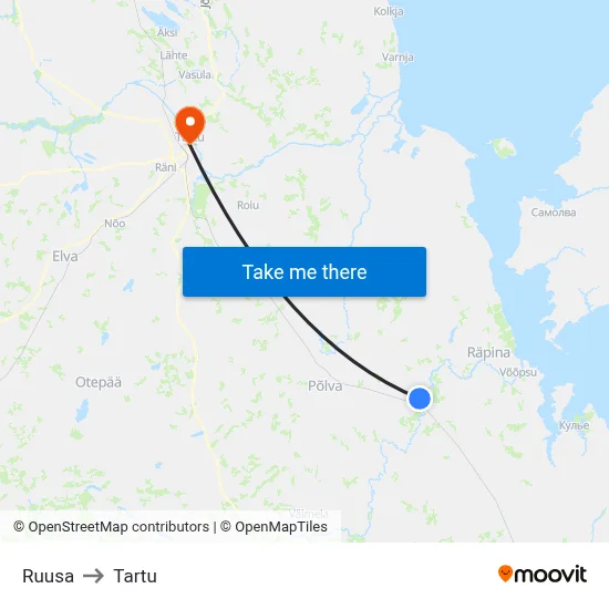 Ruusa to Tartu map