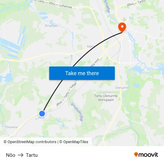 Nõo to Tartu map