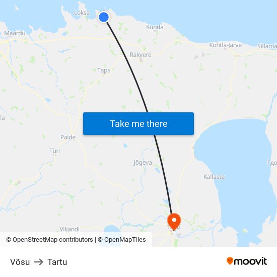 Võsu to Tartu map