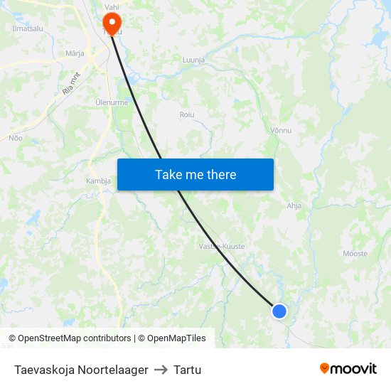 Taevaskoja Noortelaager to Tartu map