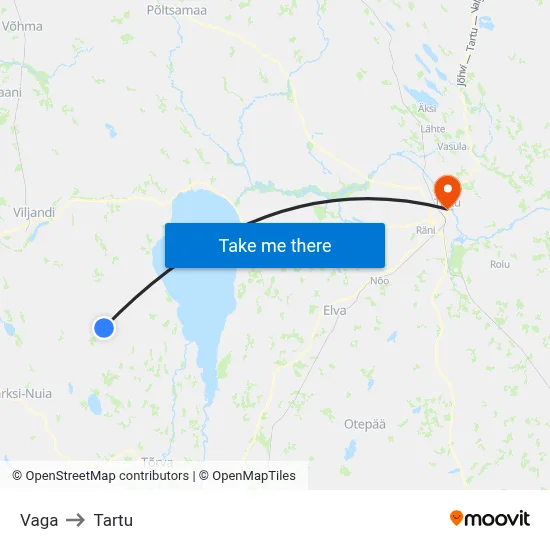 Vaga to Tartu map