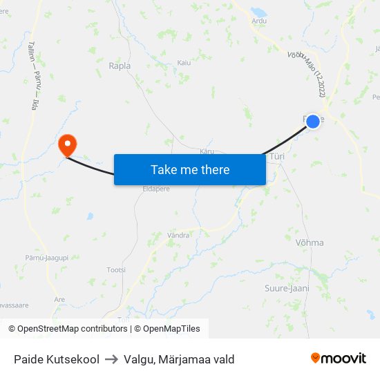 Paide Kutsekool to Valgu, Märjamaa vald map