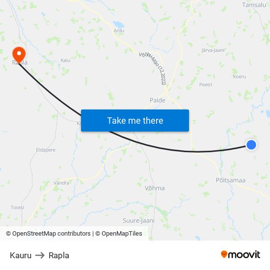 Kauru to Rapla map