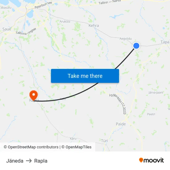 Jäneda to Rapla map