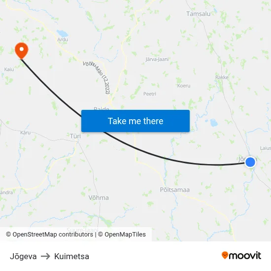 Jõgeva to Kuimetsa map