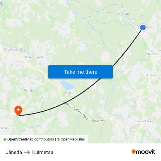 Jäneda to Kuimetsa map