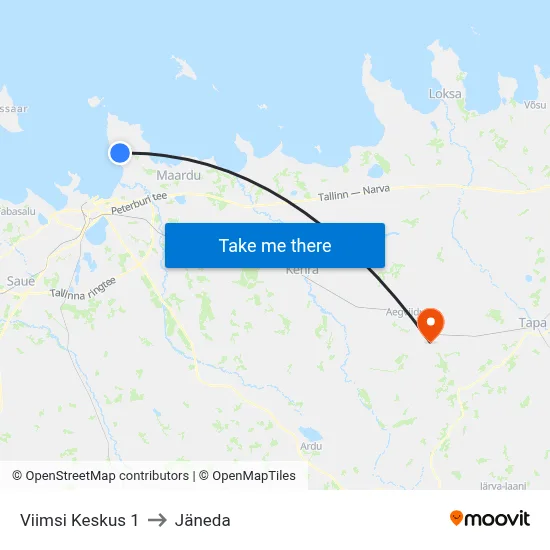 Viimsi Keskus 1 to Jäneda map