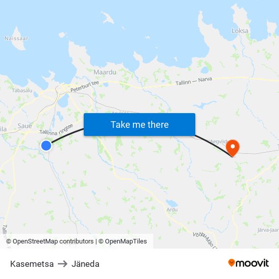 Kasemetsa to Jäneda map