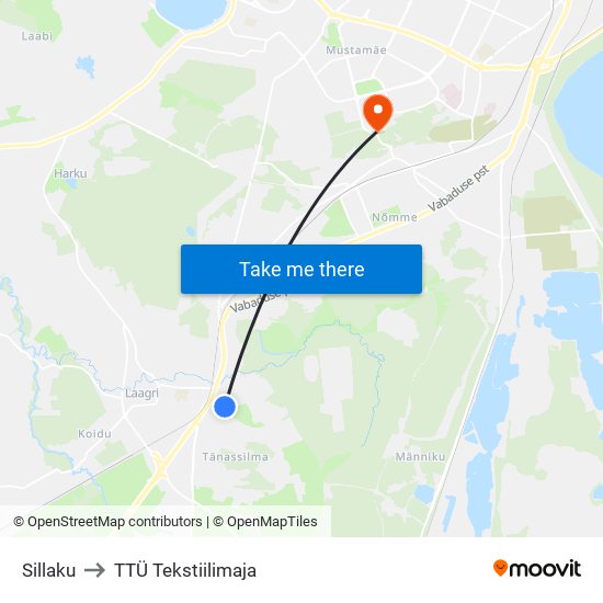 Sillaku to TTÜ Tekstiilimaja map