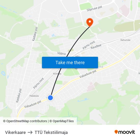 Vikerkaare to TTÜ Tekstiilimaja map