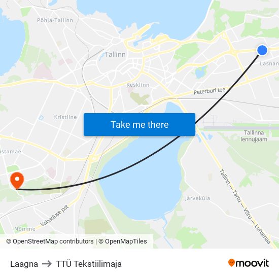 Laagna to TTÜ Tekstiilimaja map