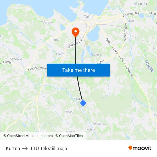 Kurtna to TTÜ Tekstiilimaja map