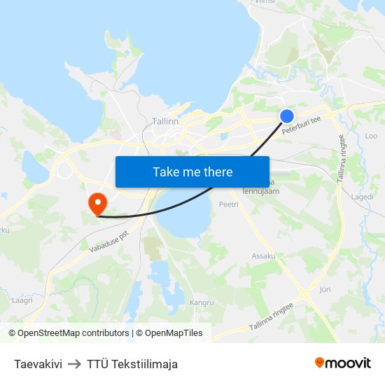 Taevakivi to TTÜ Tekstiilimaja map