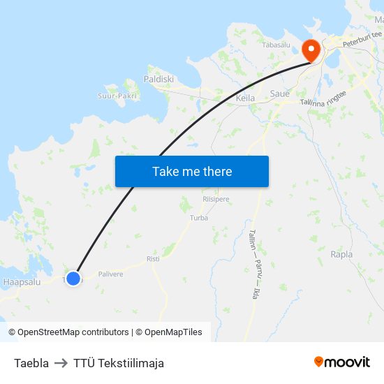 Taebla to TTÜ Tekstiilimaja map