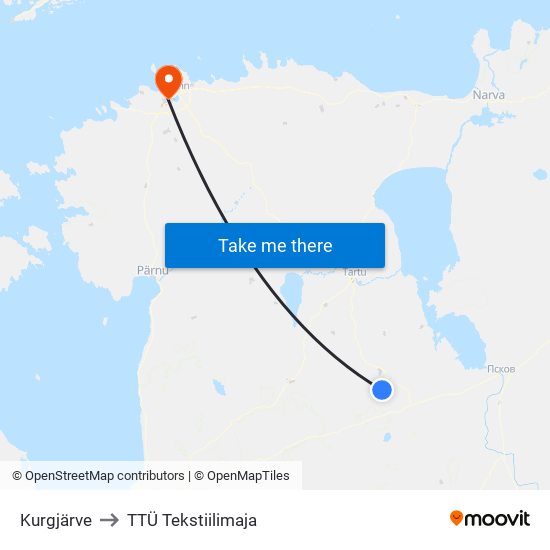 Kurgjärve to TTÜ Tekstiilimaja map