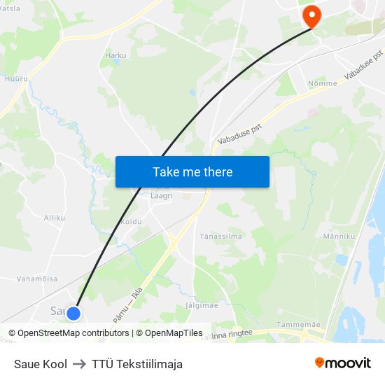 Saue Kool to TTÜ Tekstiilimaja map