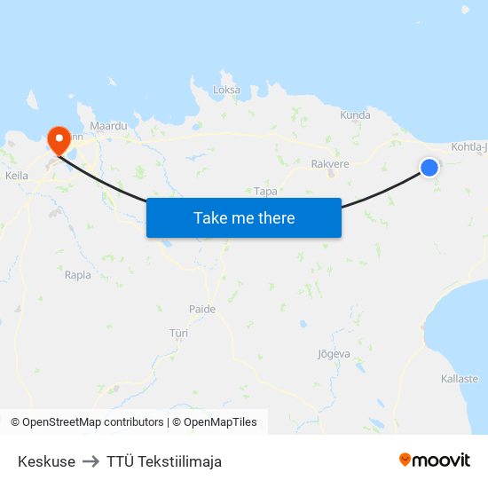 Keskuse to TTÜ Tekstiilimaja map