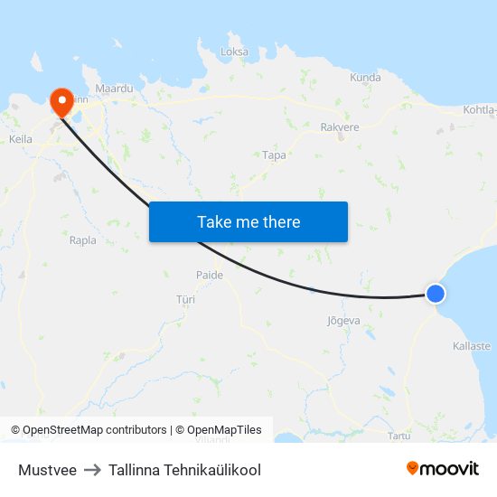 Mustvee to Tallinna Tehnikaülikool map