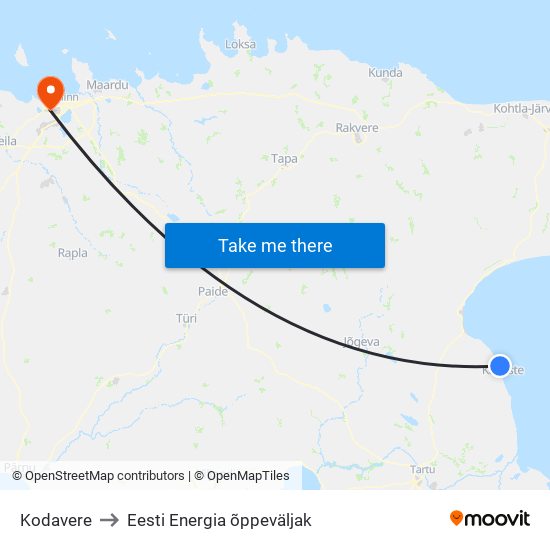 Kodavere to Eesti Energia õppeväljak map