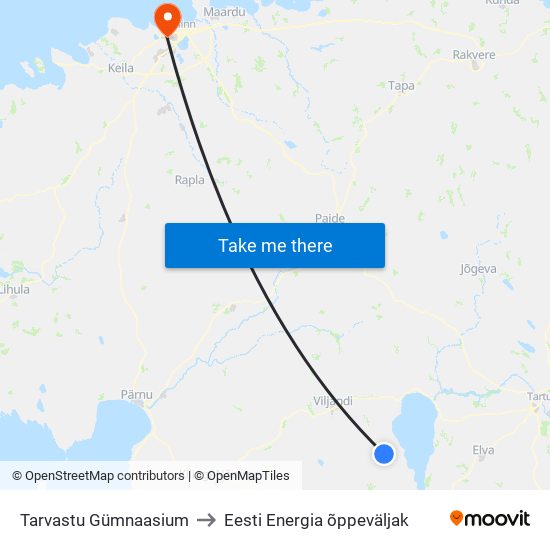 Tarvastu Gümnaasium to Eesti Energia õppeväljak map