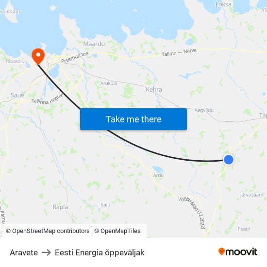 Aravete to Eesti Energia õppeväljak map