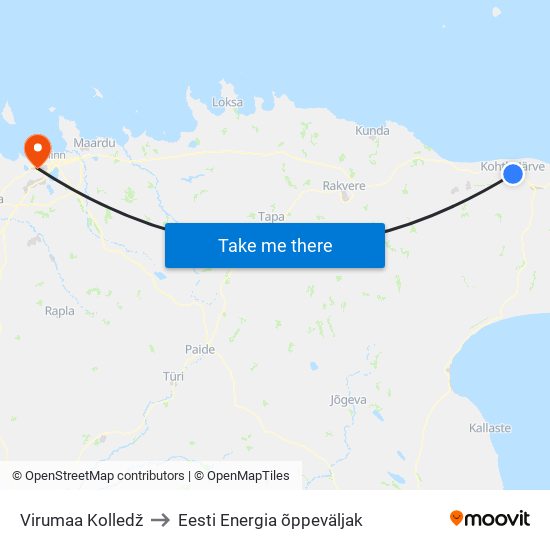 Virumaa Kolledž to Eesti Energia õppeväljak map