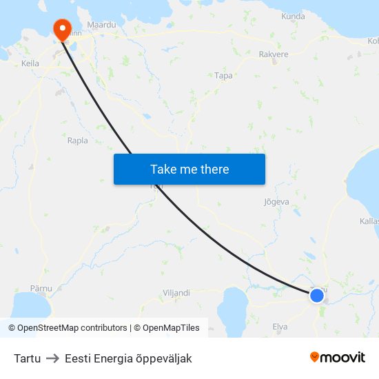 Tartu to Eesti Energia õppeväljak map