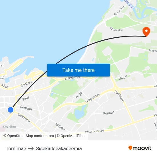 Tornimäe to Sisekaitseakadeemia map