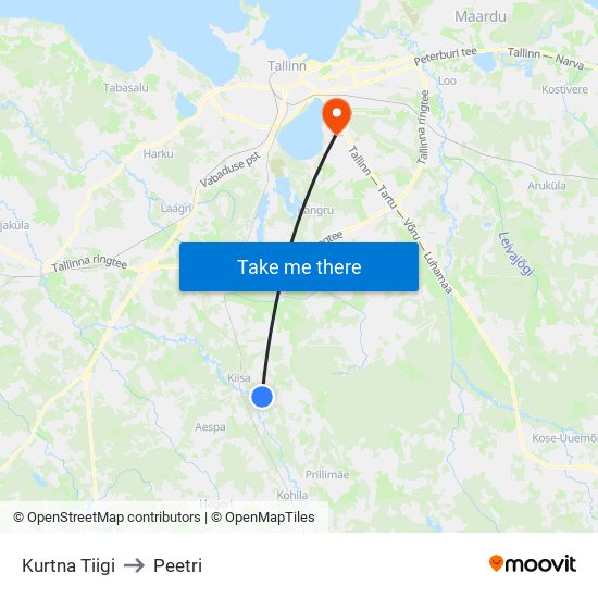 Kurtna Tiigi to Peetri map