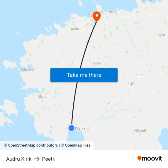 Audru Kirik to Peetri map