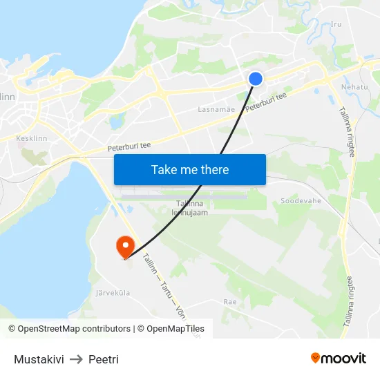 Mustakivi to Peetri map