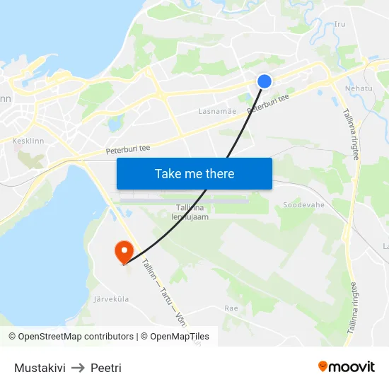 Mustakivi to Peetri map
