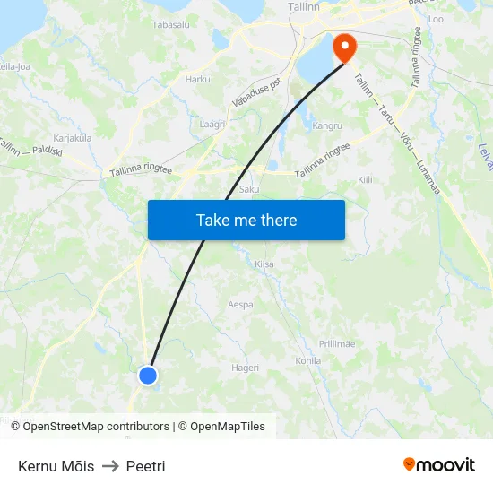 Kernu Mõis to Peetri map