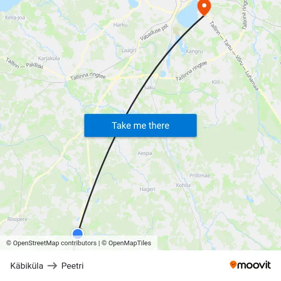 Käbiküla to Peetri map