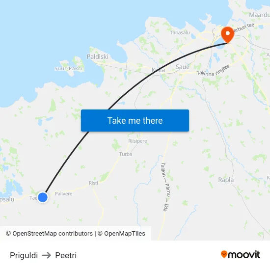 Priguldi to Peetri map