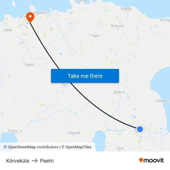 Kõrveküla to Peetri map