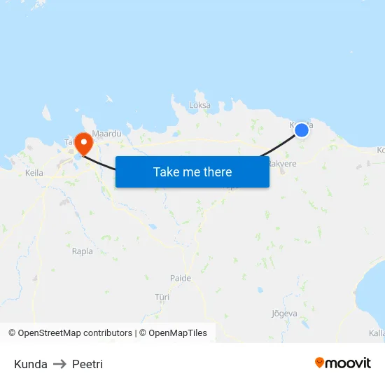 Kunda to Peetri map